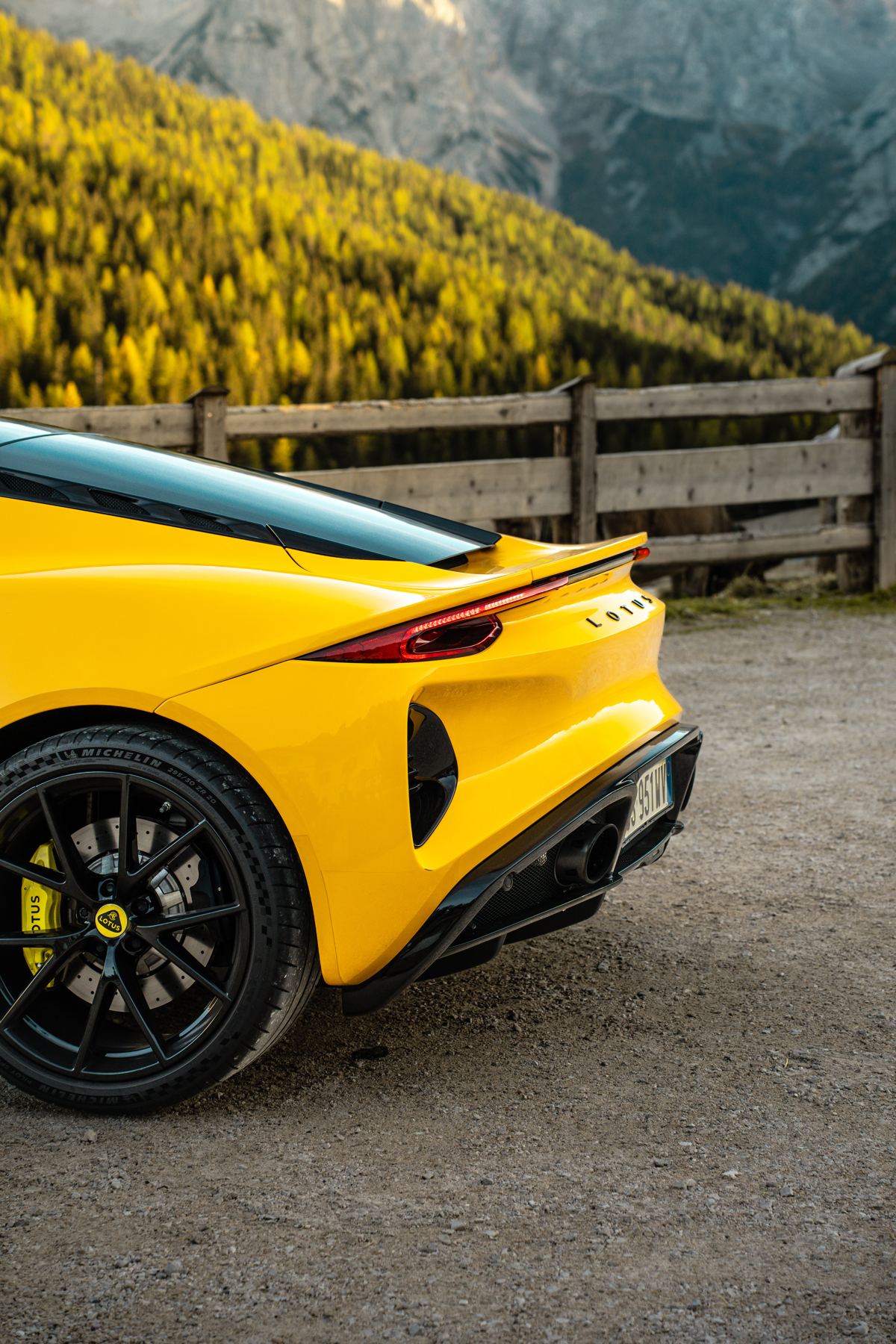 Rear of the Lotus Emira against autumn larches