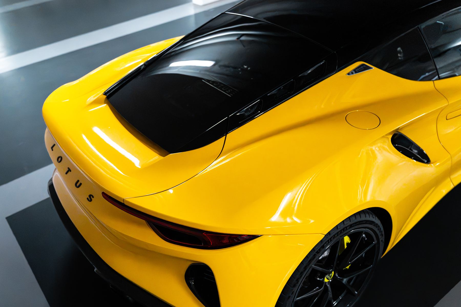 Rear of the Lotus Emira with Lotus lettering